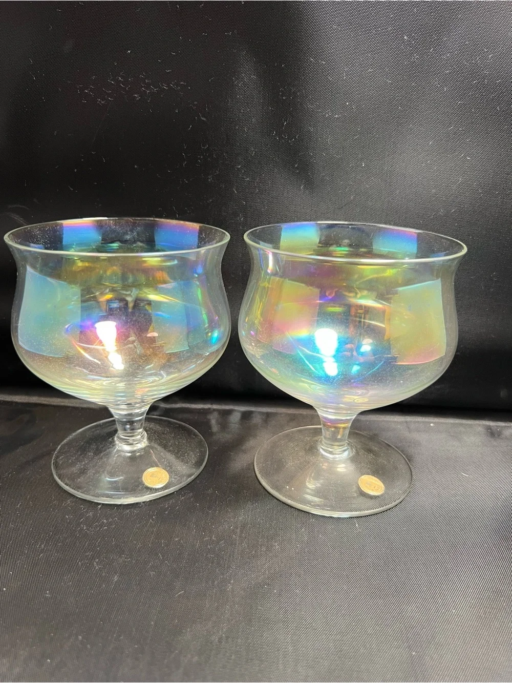 Vintage Pair Iridescent Carnival Glass Footed Sherbet Dessert Made in Romania